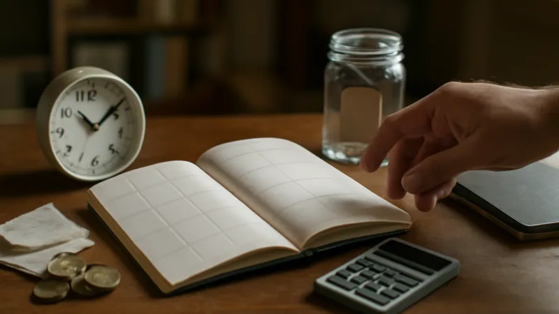 Bir kişinin elinin bütçe kontrolü için masanın üzerindeki ajanda, bozuk para ve fişlere uzandığı, doğal pencere ışığında çekilmiş hafif dağınık ve gerçekçi bir yaşam sahnesi.